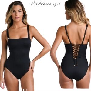 NWT La Blanca Luxe Square Neck Tummy Control One Piece Swimsuit Black Size 14